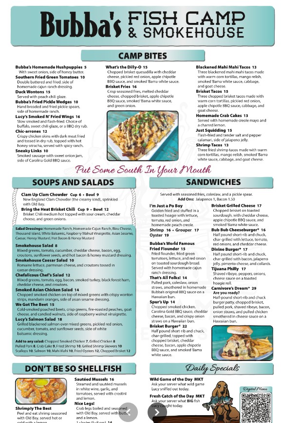 Bubba's Fish Camp & Smokehouse Restaurant Menu – Seafood, BBQ ...