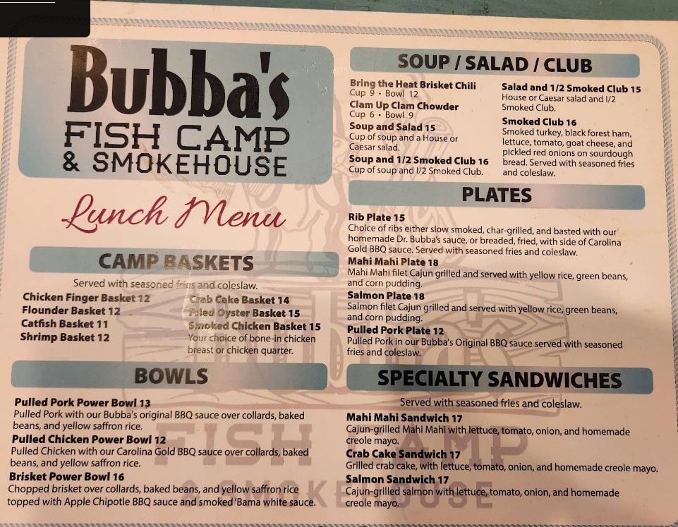Bubba's Fish Camp & Smokehouse Restaurant Menu – Seafood, BBQ ...